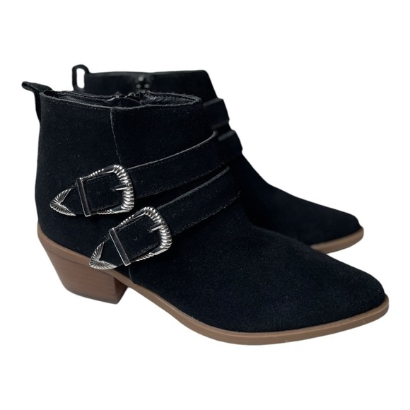 Steve Madden Women’s Niall Black Cow Suede Western Buckle Ankle Boots - Picture 1 of 12